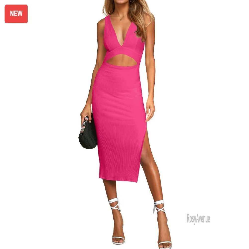 Sleeveless Deep V-Neck Ribbed Bodycon Midi Dress with Side Slit